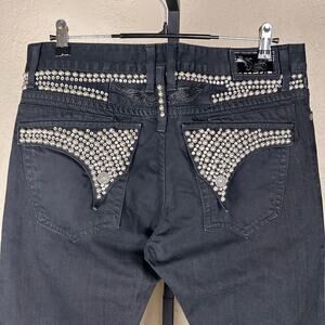 Robins Jeans RARE Mens 36" 100% Cotton Black Denim Long Flap Studded Waist Pants